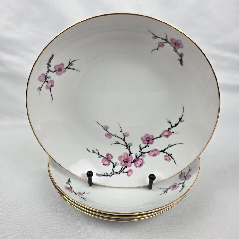 FOUR Diamond China Cherry Blossom Coupe Soup Bowls White with Pink Flowers